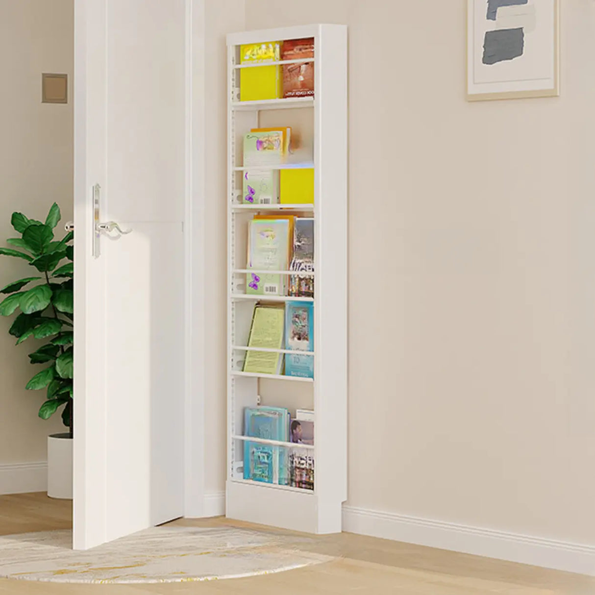 Stylish White Finish Vertical Steel Open Bookshelf Image - 2