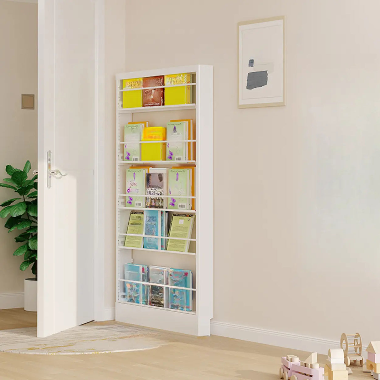 Stylish White Finish Vertical Steel Open Bookshelf Image - 20