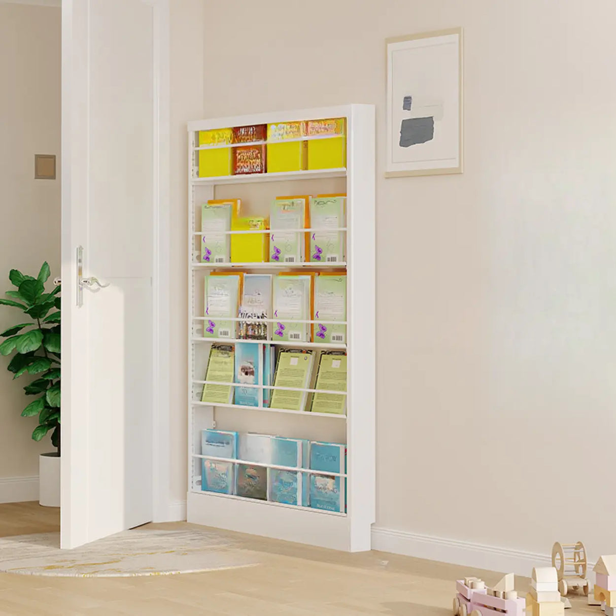 Stylish White Finish Vertical Steel Open Bookshelf Image - 21