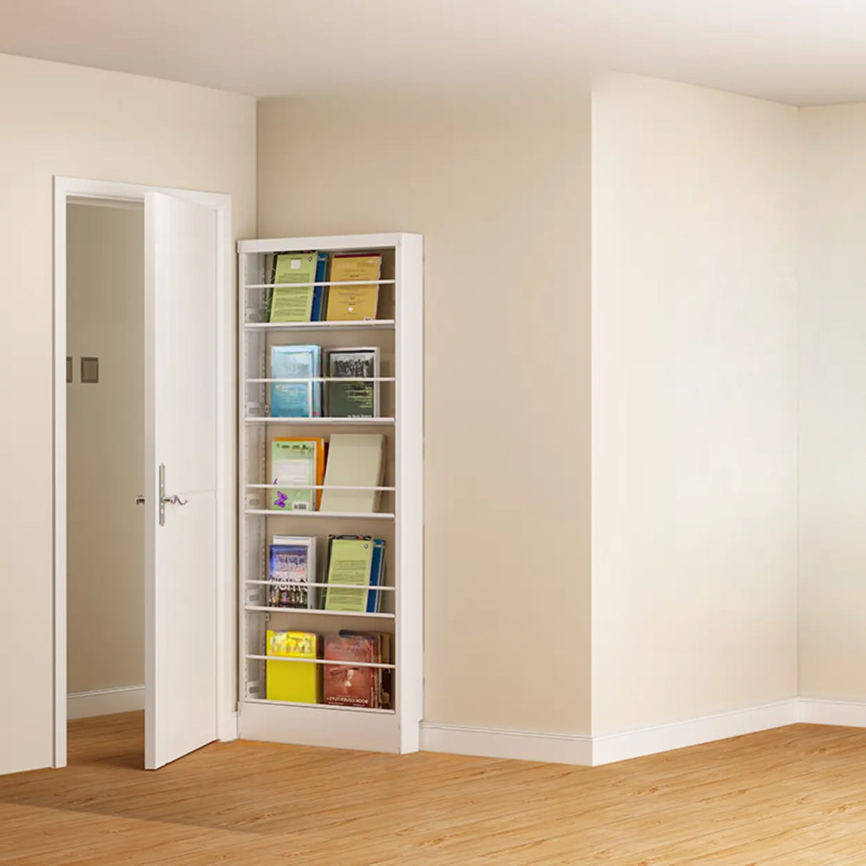 Stylish White Finish Vertical Steel Open Bookshelf Image - 22