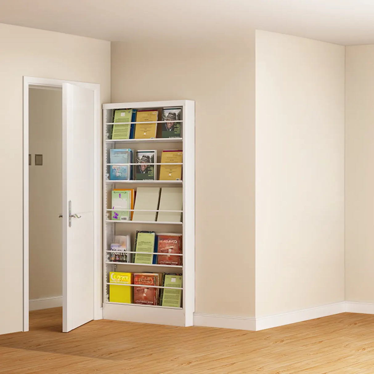 Stylish White Finish Vertical Steel Open Bookshelf Image - 23