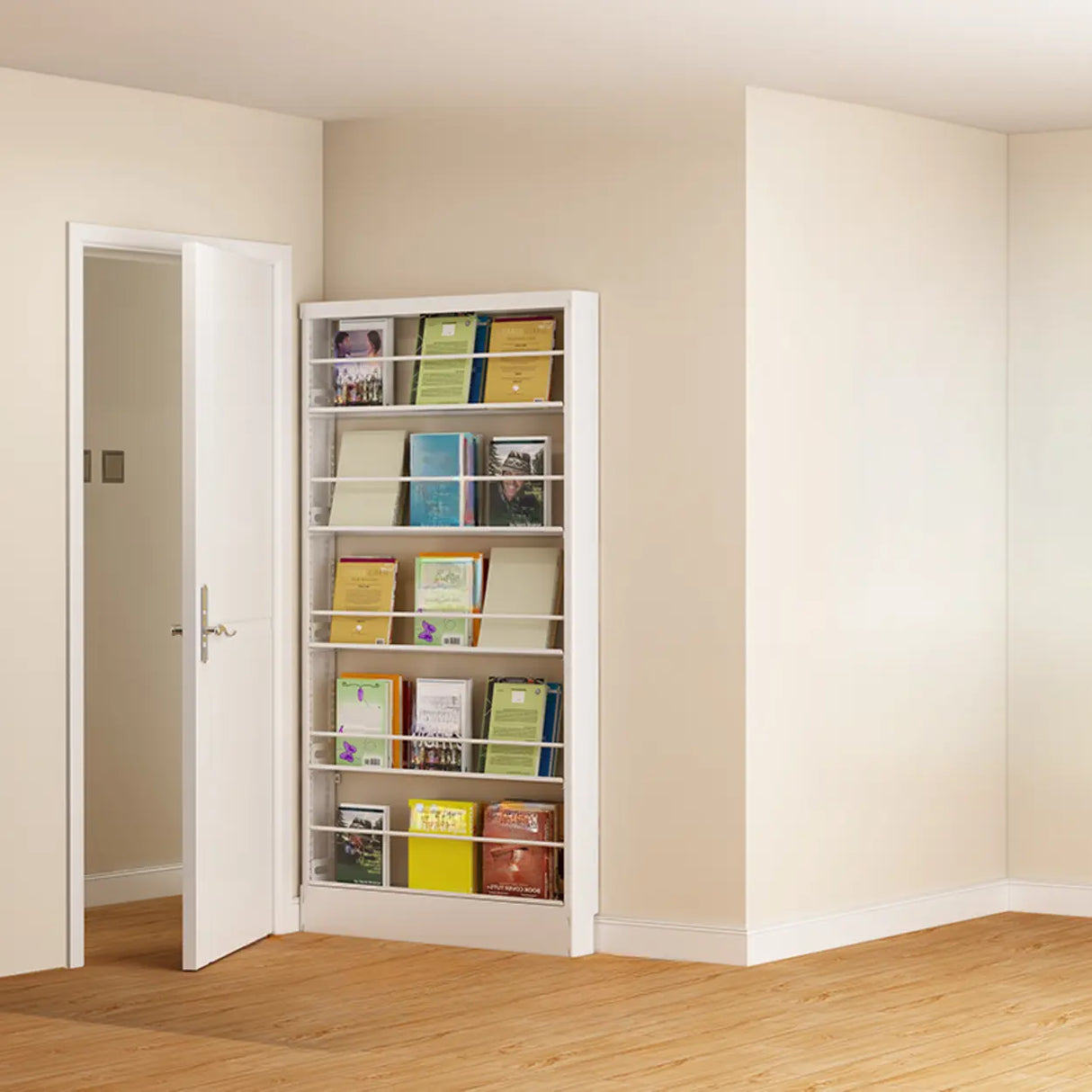 Stylish White Finish Vertical Steel Open Bookshelf Image - 24