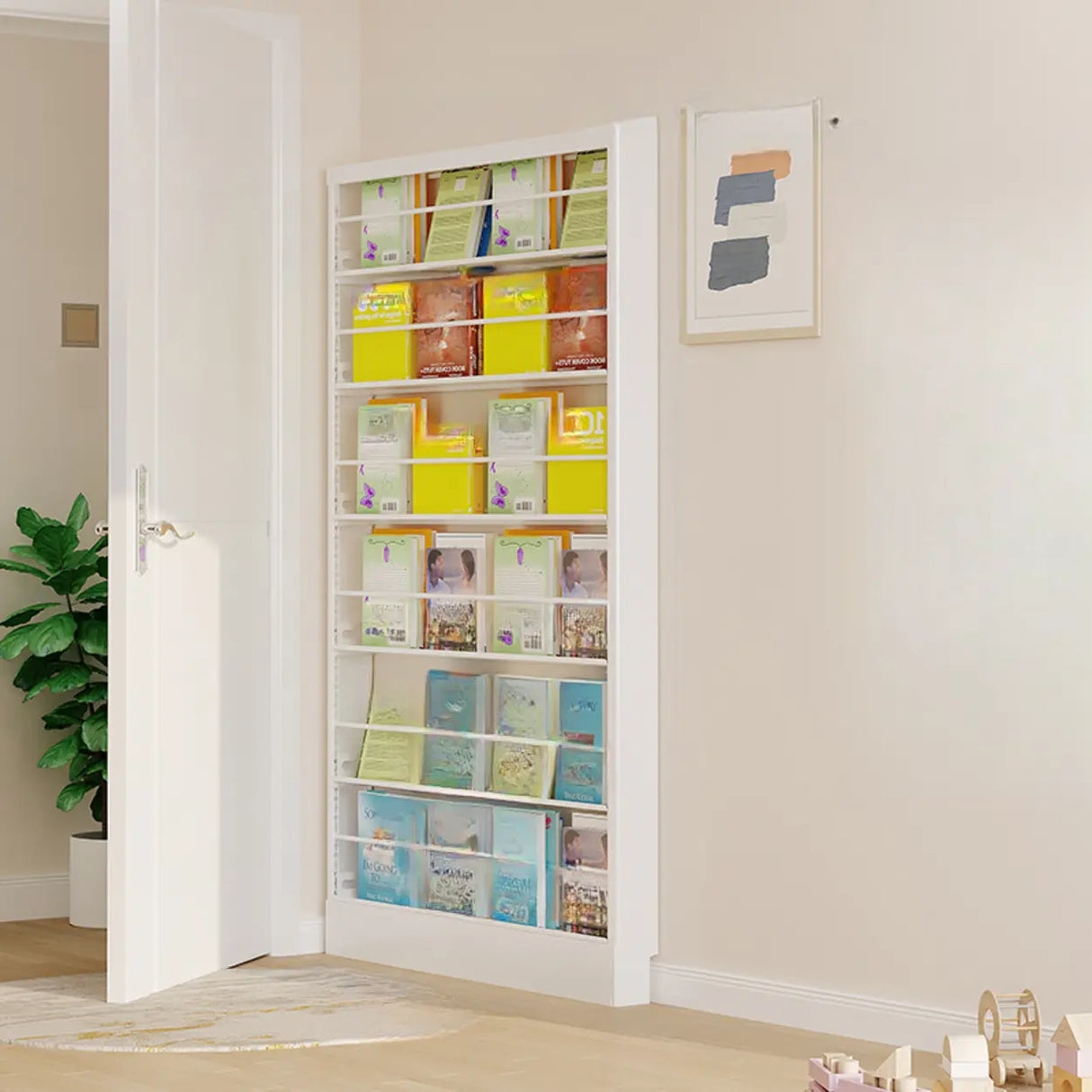 Stylish White Finish Vertical Steel Open Bookshelf Image - 4