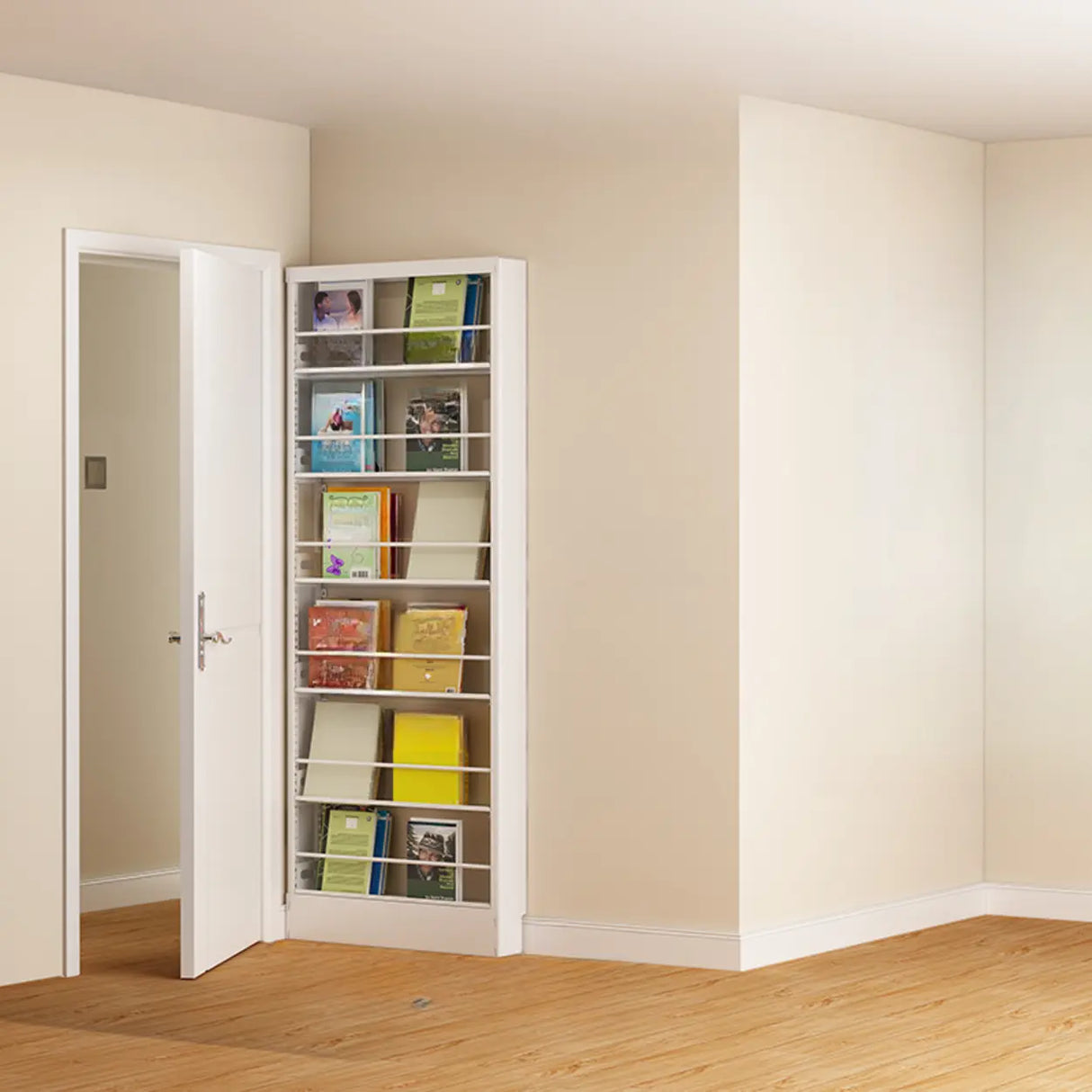 Stylish White Finish Vertical Steel Open Bookshelf Image - 6