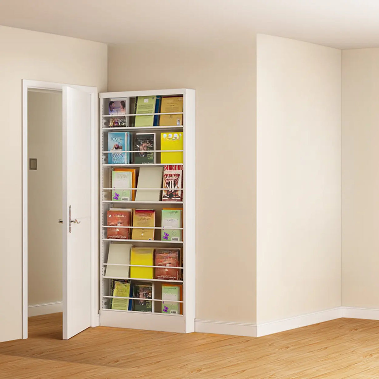 Stylish White Finish Vertical Steel Open Bookshelf Image - 7