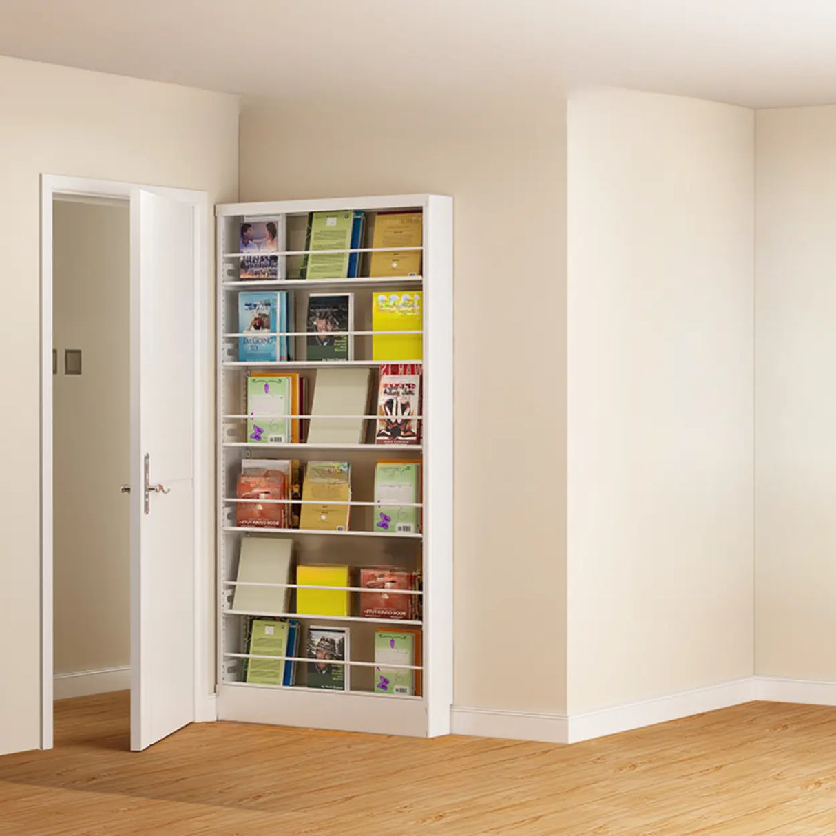 Stylish White Finish Vertical Steel Open Bookshelf Image - 9