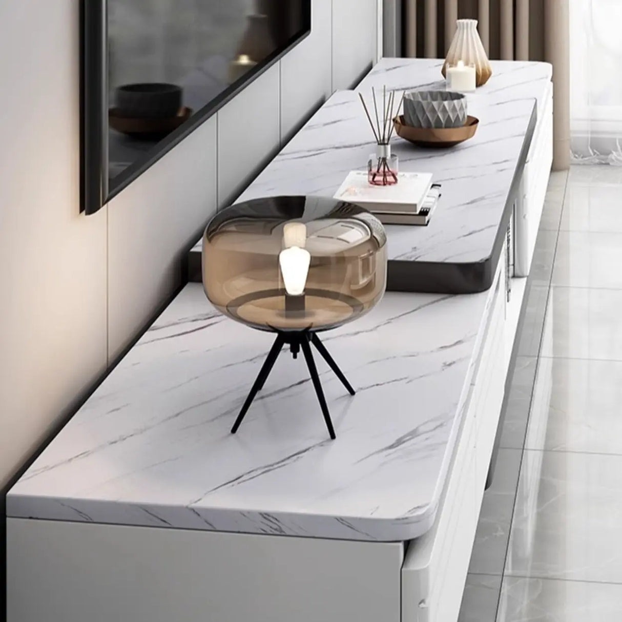 Stylish White Rectangle Stone Open Storage TV Stand Image - 10