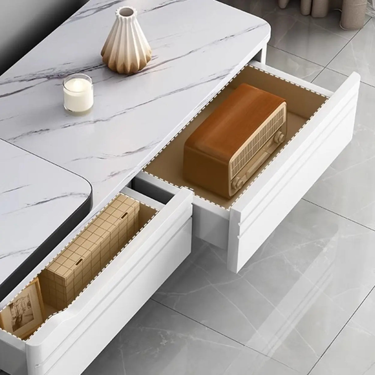 Stylish White Rectangle Stone Open Storage TV Stand Image - 11