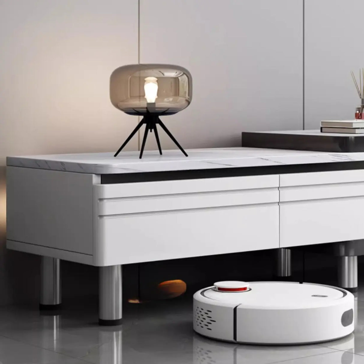 Stylish White Rectangle Stone Open Storage TV Stand Image - 12