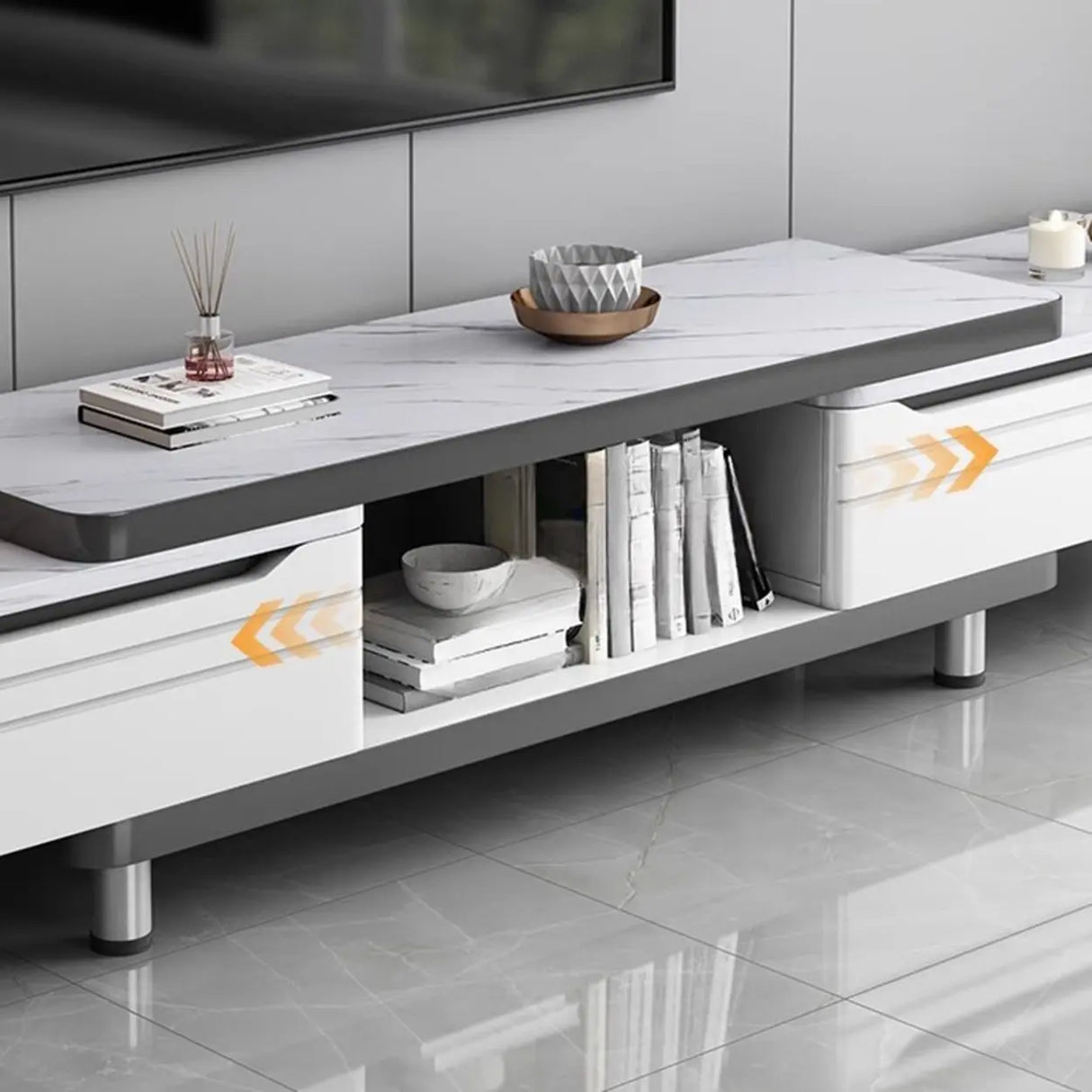 Stylish White Rectangle Stone Open Storage TV Stand Image - 13