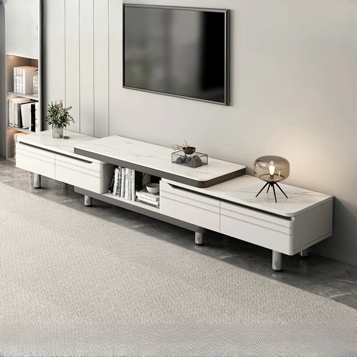 Stylish White Rectangle Stone Open Storage TV Stand Image - 14