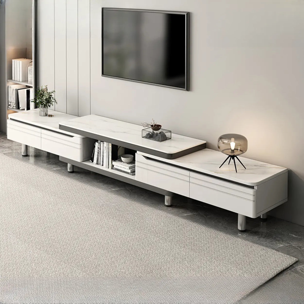 Stylish White Rectangle Stone Open Storage TV Stand Image - 15