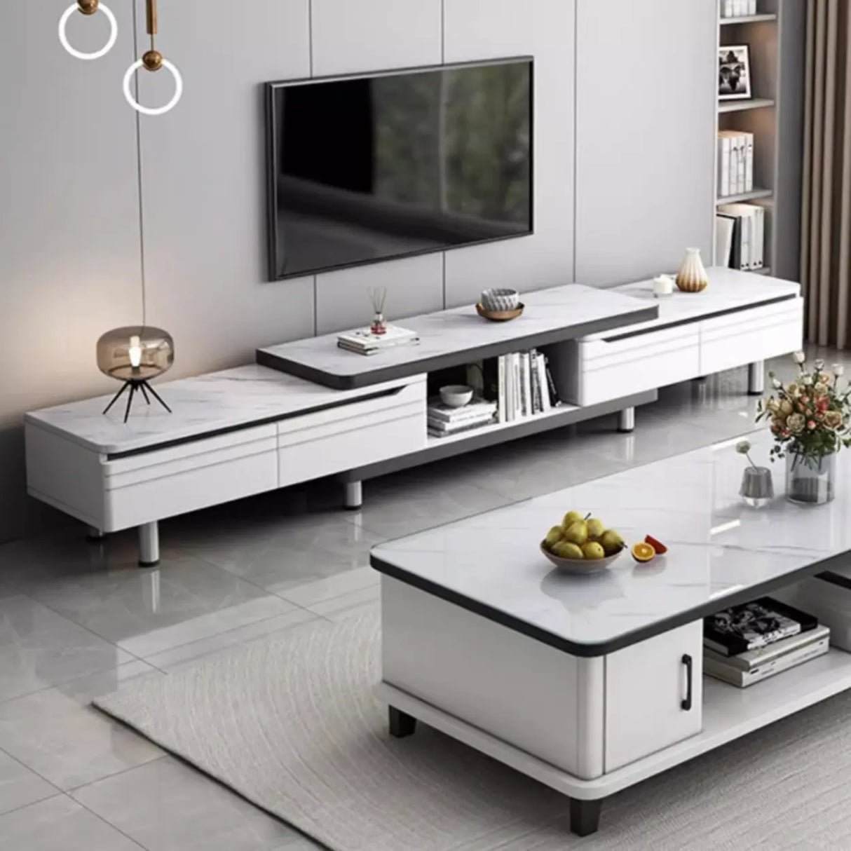 Stylish White Rectangle Stone Open Storage TV Stand Image - 3