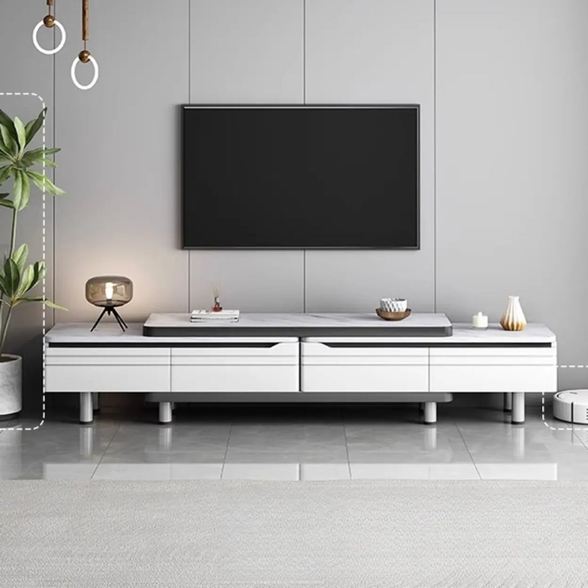 Stylish White Rectangle Stone Open Storage TV Stand Image - 4