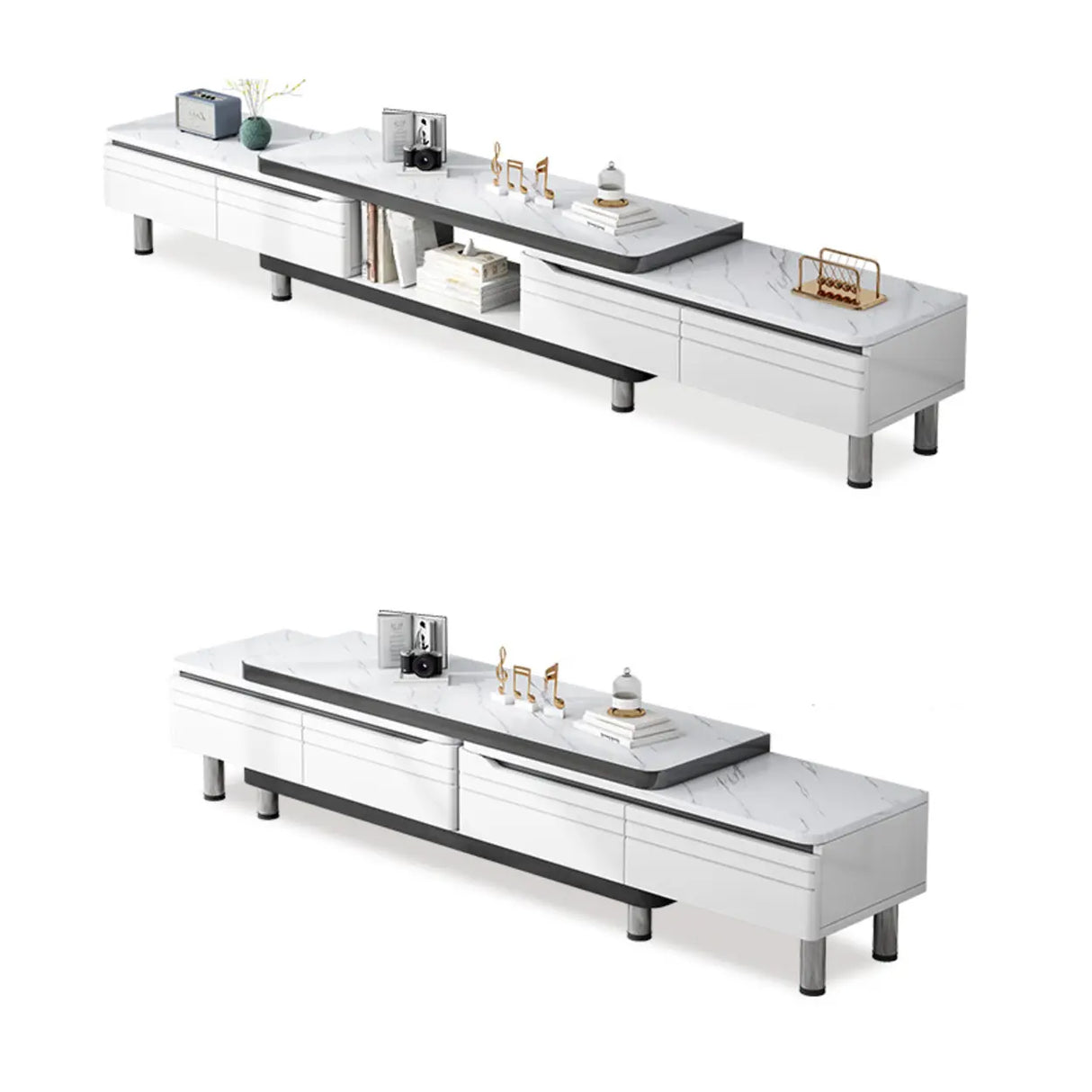 Stylish White Rectangle Stone Open Storage TV Stand Image - 5