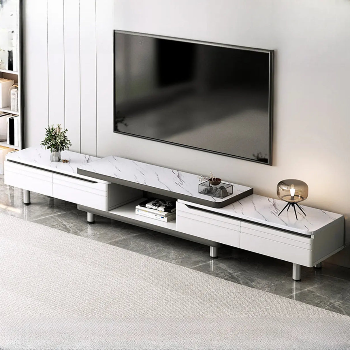 Stylish White Rectangle Stone Open Storage TV Stand Image - 6