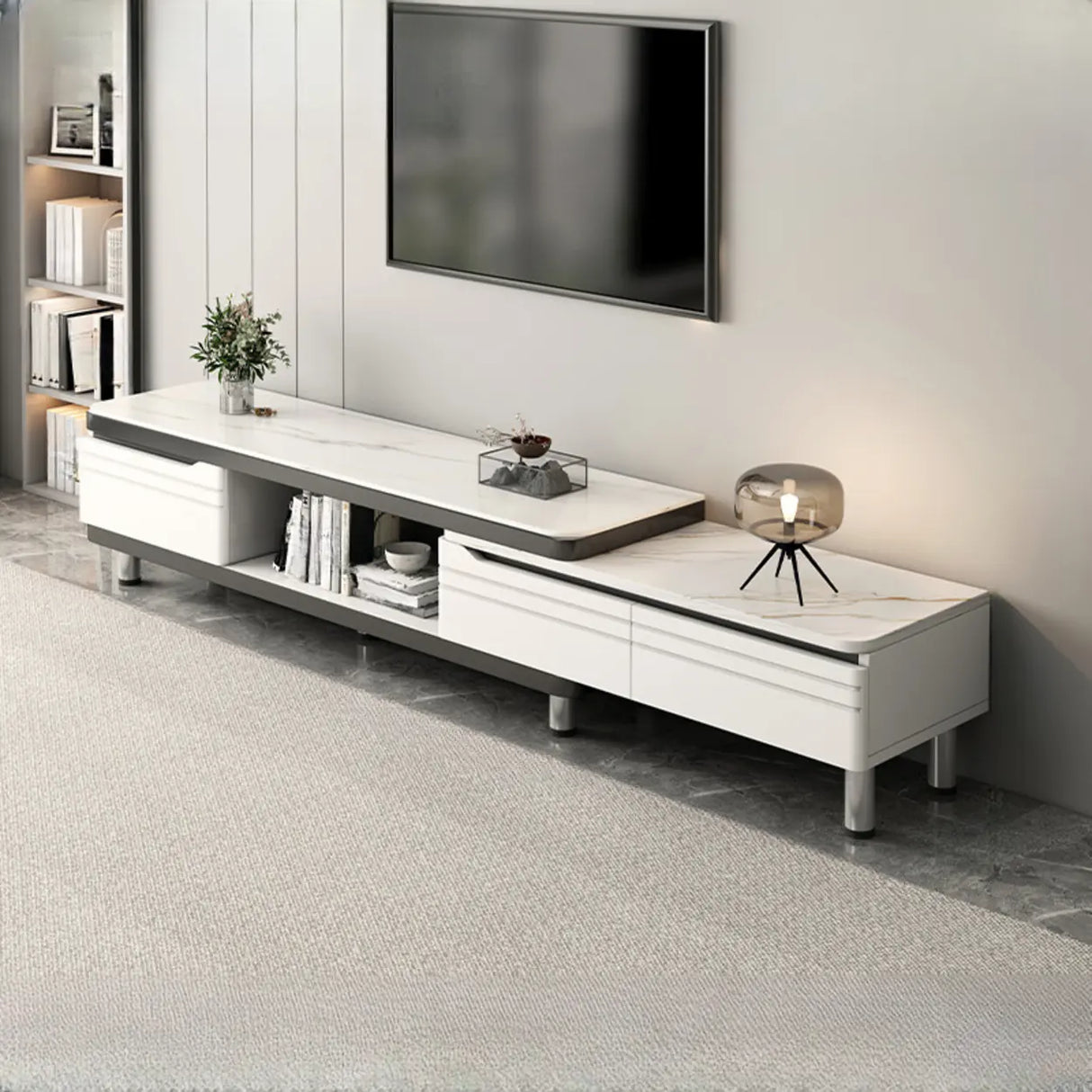 Stylish White Rectangle Stone Open Storage TV Stand Image - 7