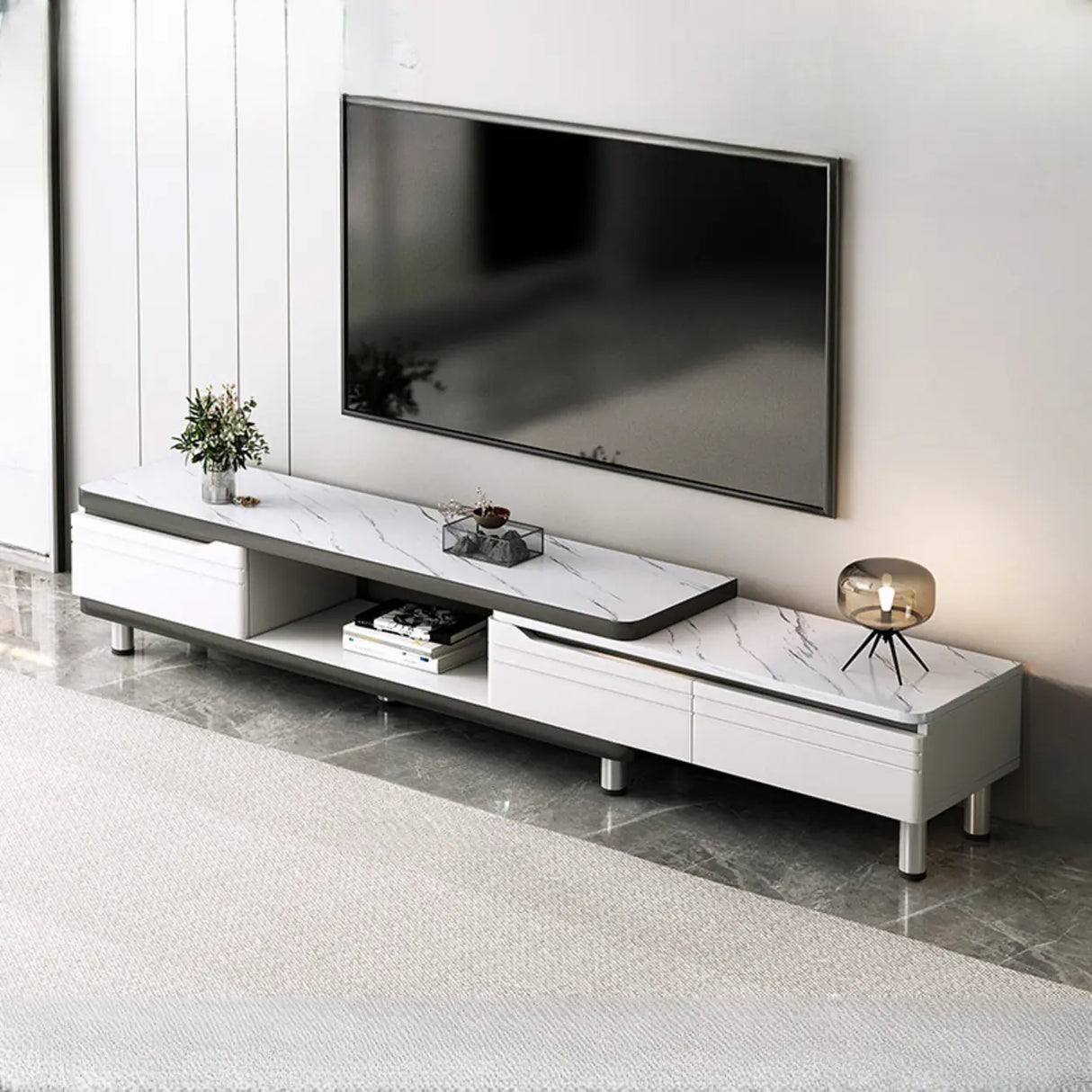 Stylish White Rectangle Stone Open Storage TV Stand Image - 8