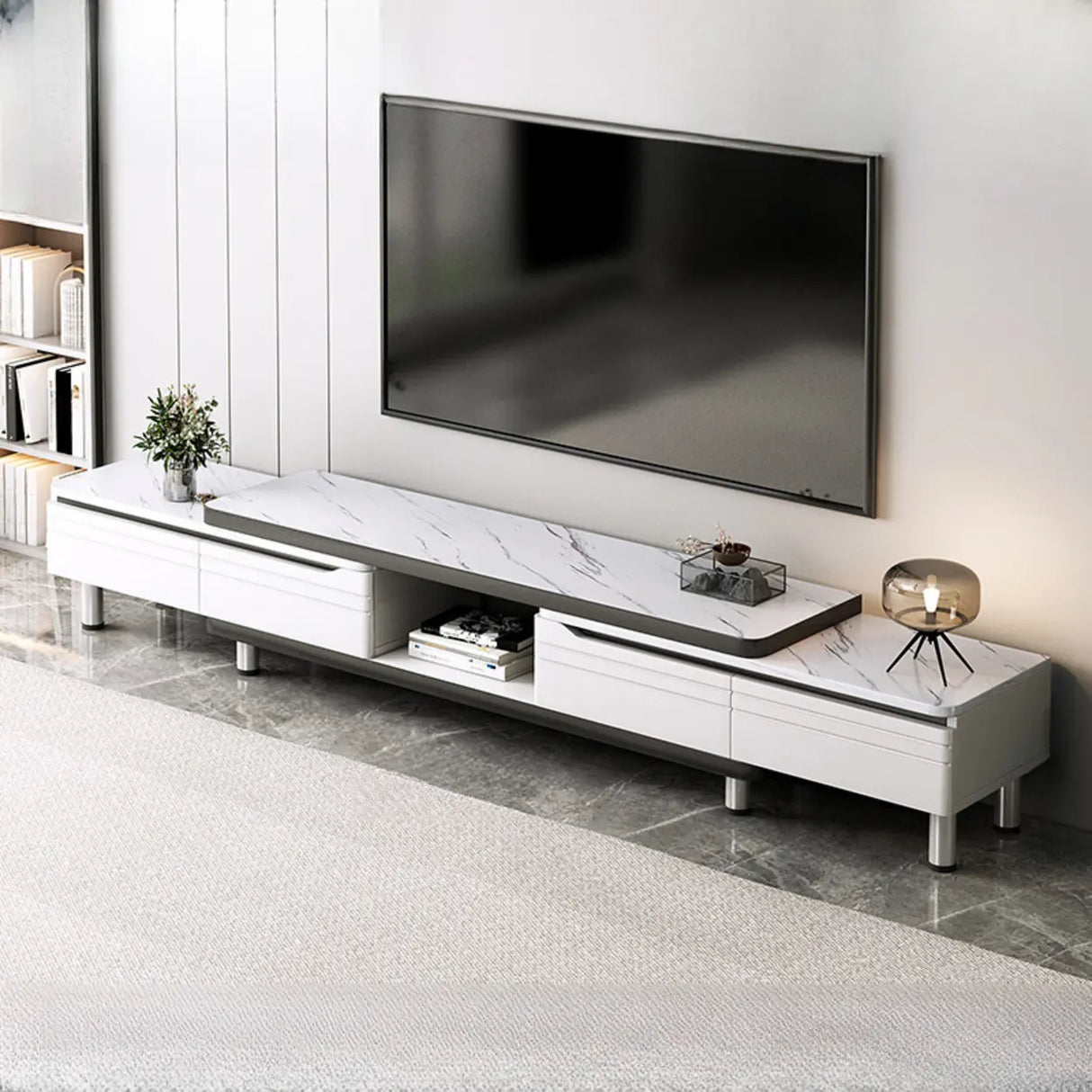 Stylish White Rectangle Stone Open Storage TV Stand Image - 9