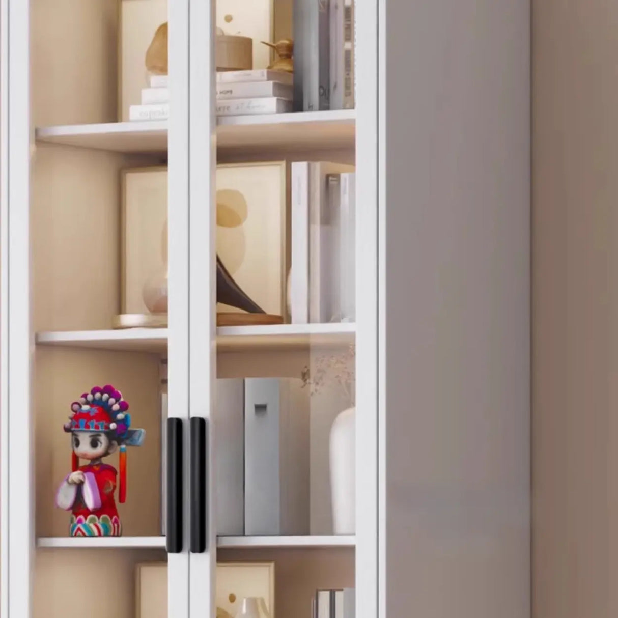 Stylish White Rectangular Glass Door Narrow Bookcase Image - 10