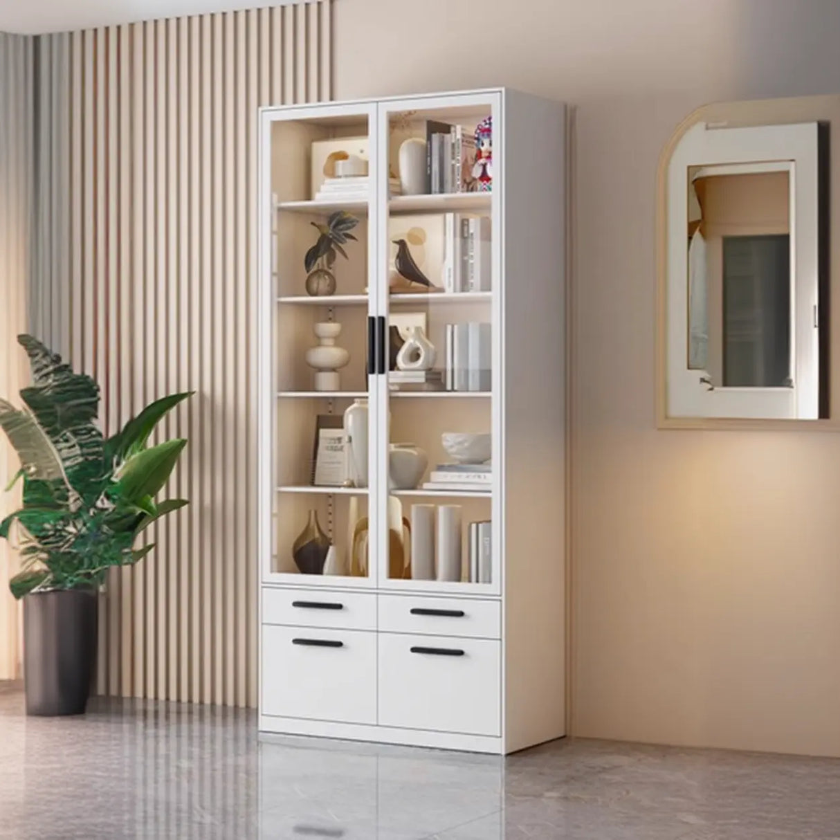 Stylish White Rectangular Glass Door Narrow Bookcase Image - 11