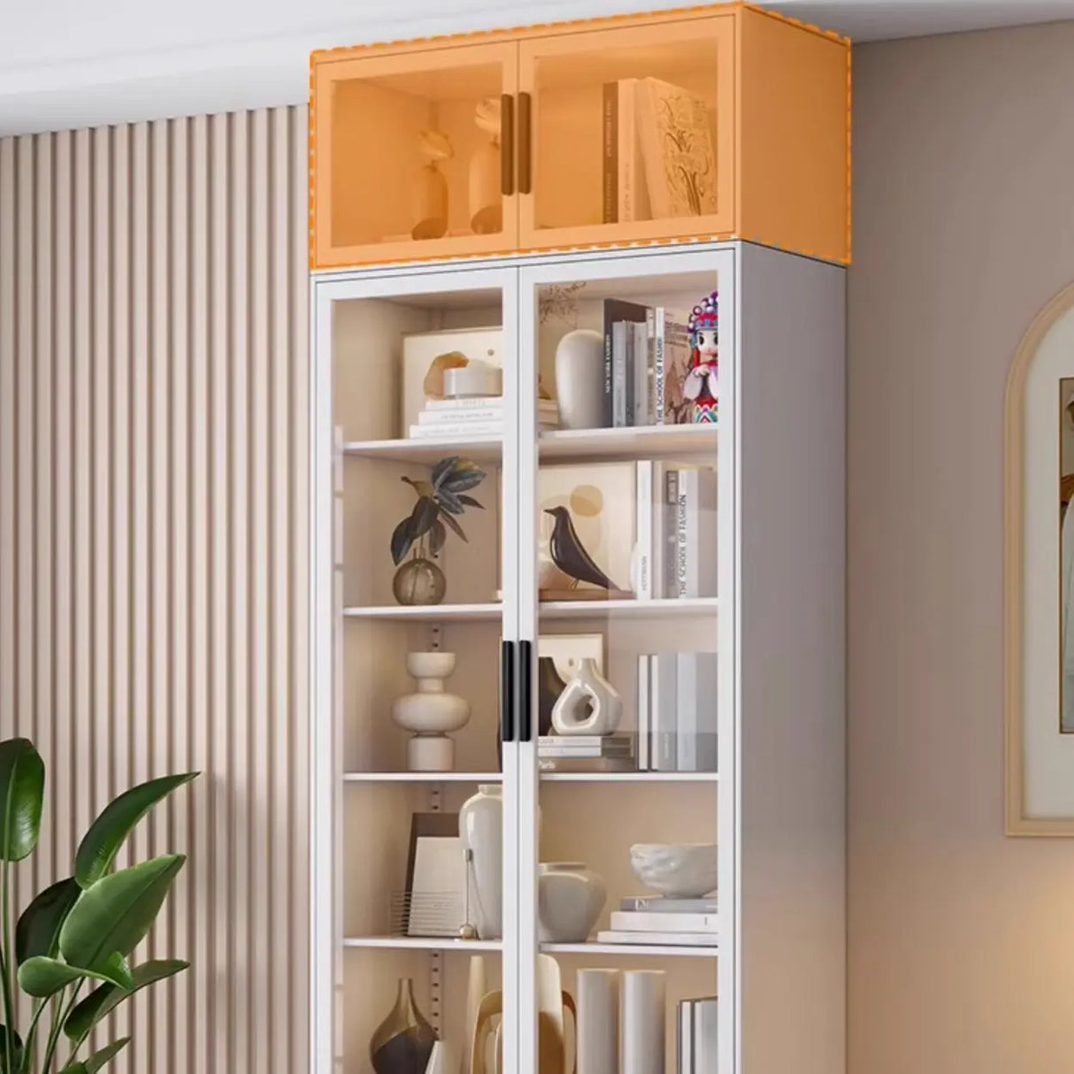 Stylish White Rectangular Glass Door Narrow Bookcase Image - 12