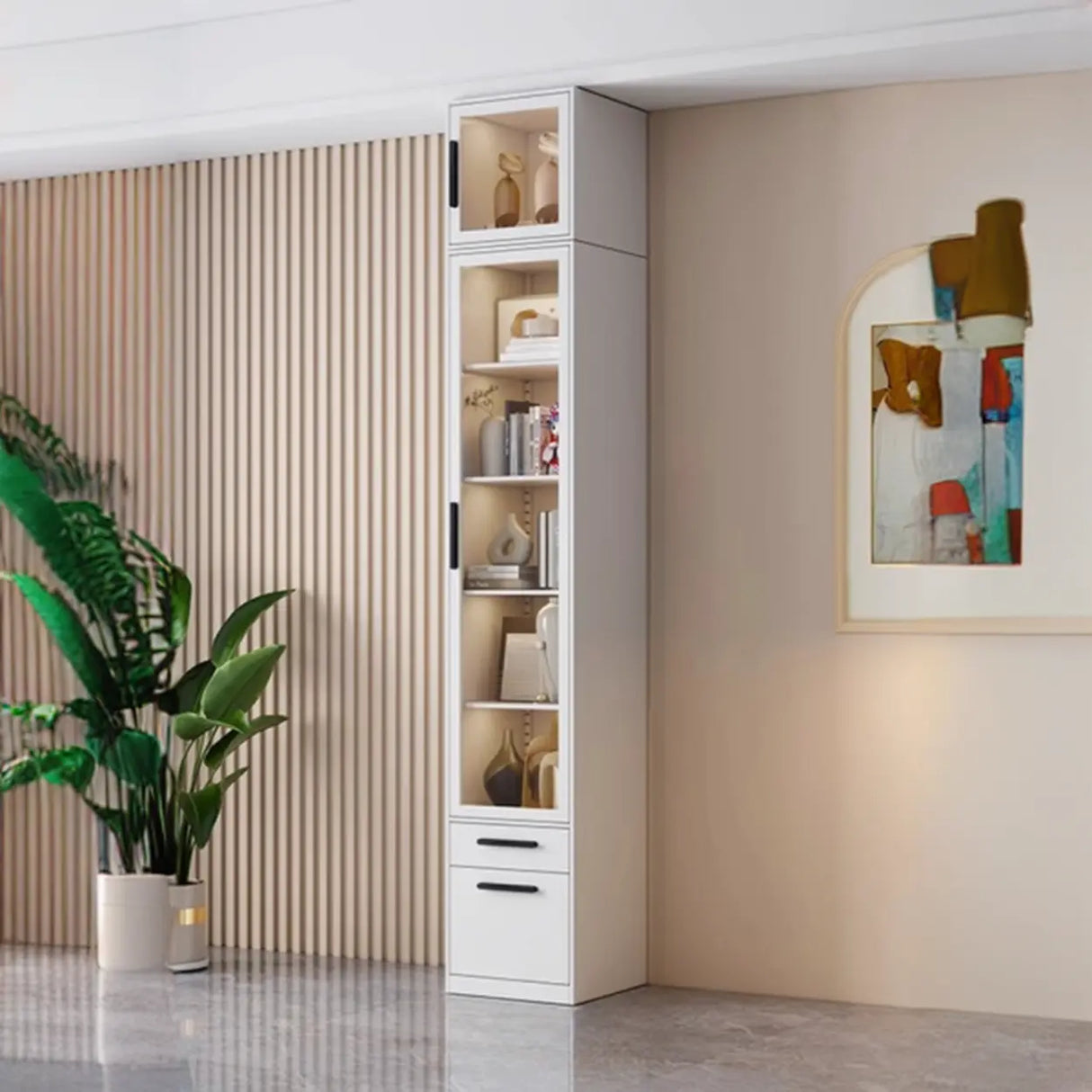 Stylish White Rectangular Glass Door Narrow Bookcase Image - 13