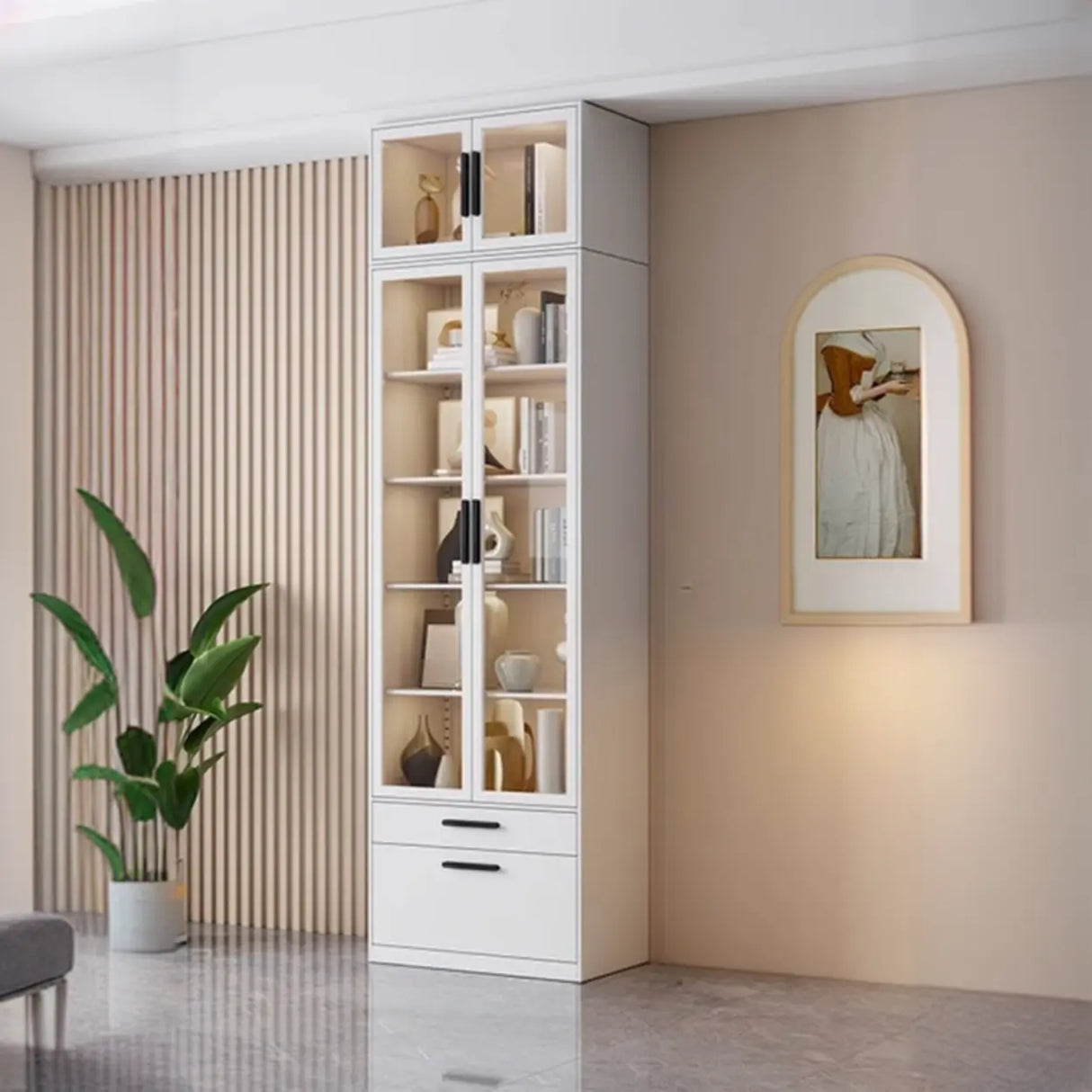 Stylish White Rectangular Glass Door Narrow Bookcase Image - 15