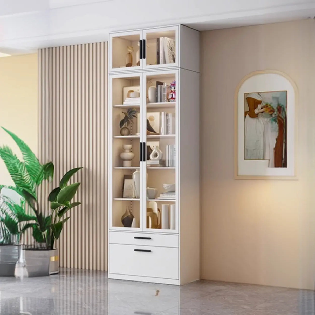 Stylish White Rectangular Glass Door Narrow Bookcase Image - 17