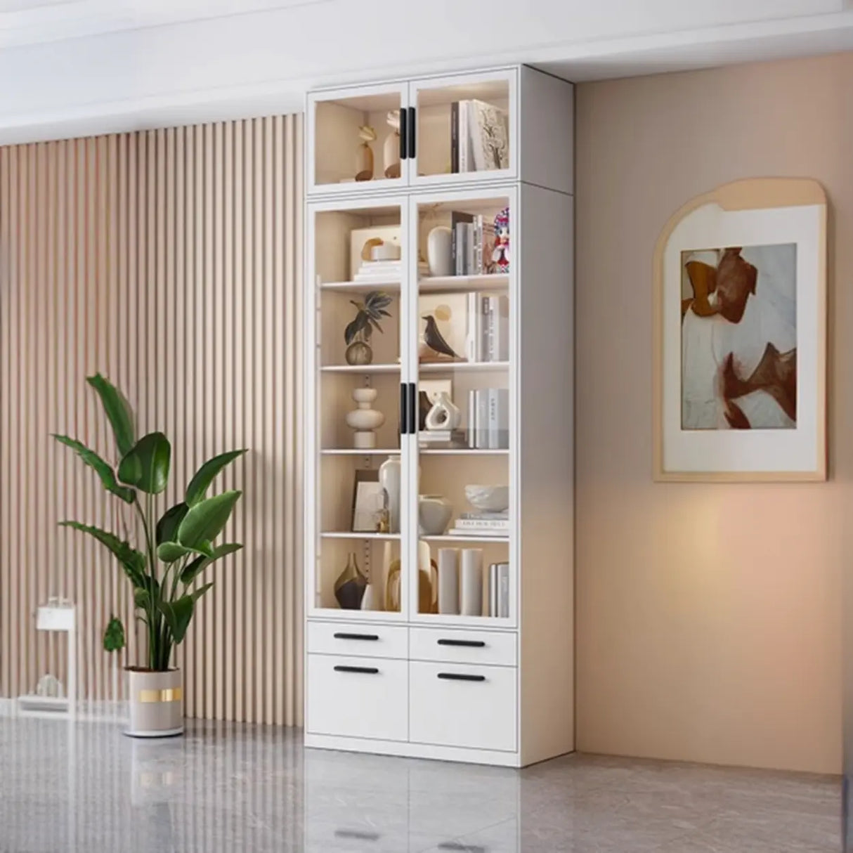 Stylish White Rectangular Glass Door Narrow Bookcase Image - 18