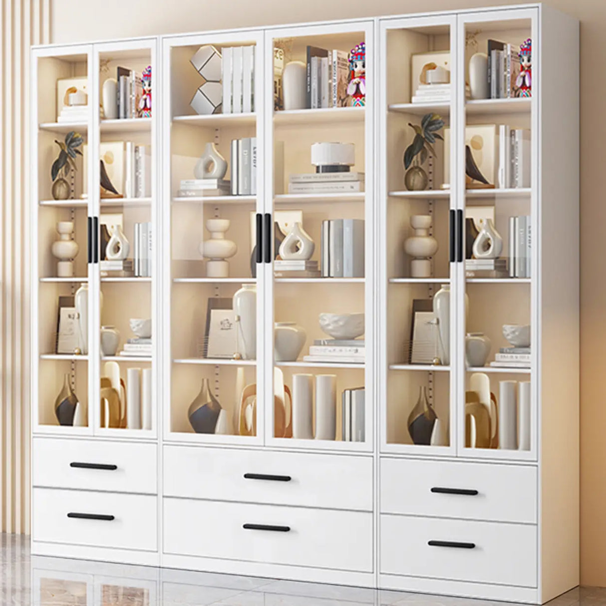 Stylish White Rectangular Glass Door Narrow Bookcase Image - 1