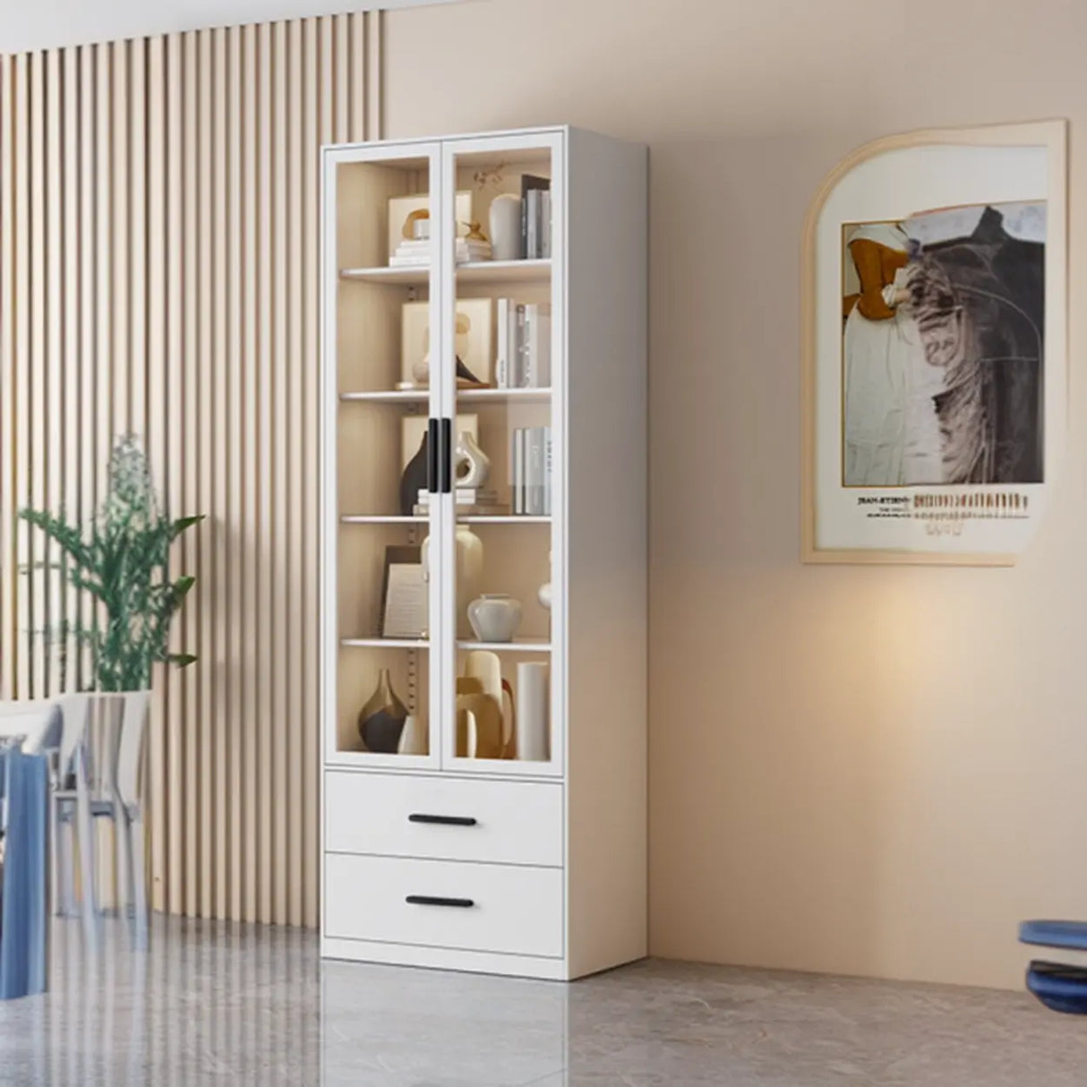 Stylish White Rectangular Glass Door Narrow Bookcase Image - 2