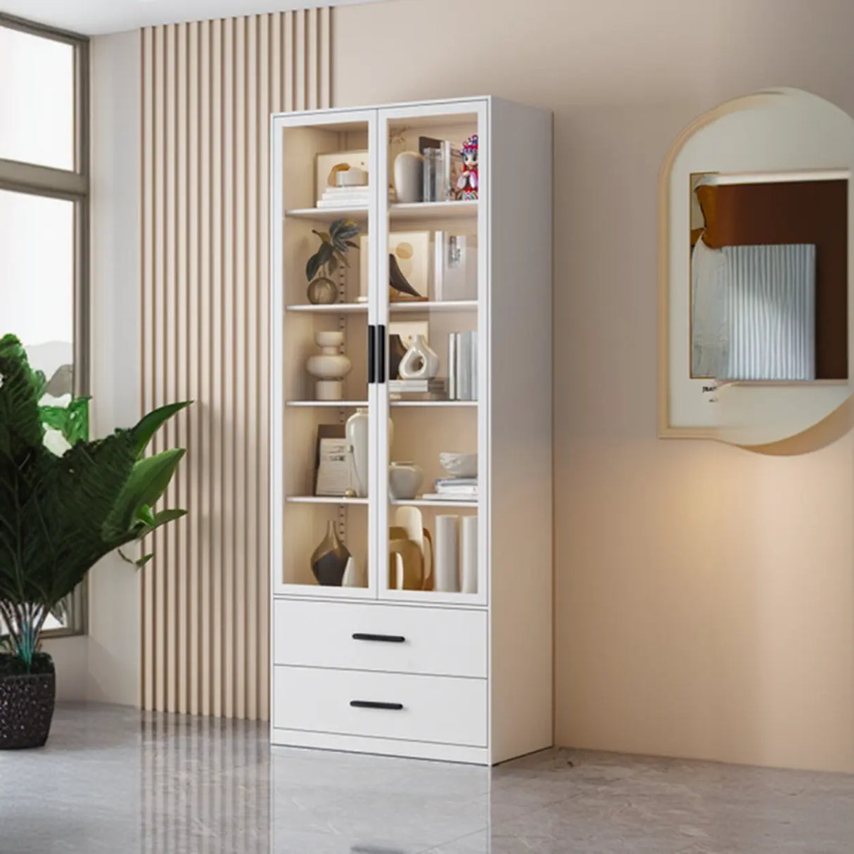 Stylish White Rectangular Glass Door Narrow Bookcase Image - 3