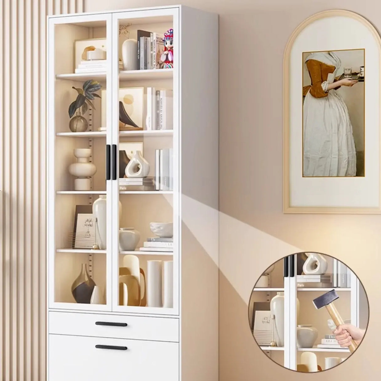 Stylish White Rectangular Glass Door Narrow Bookcase Image - 4