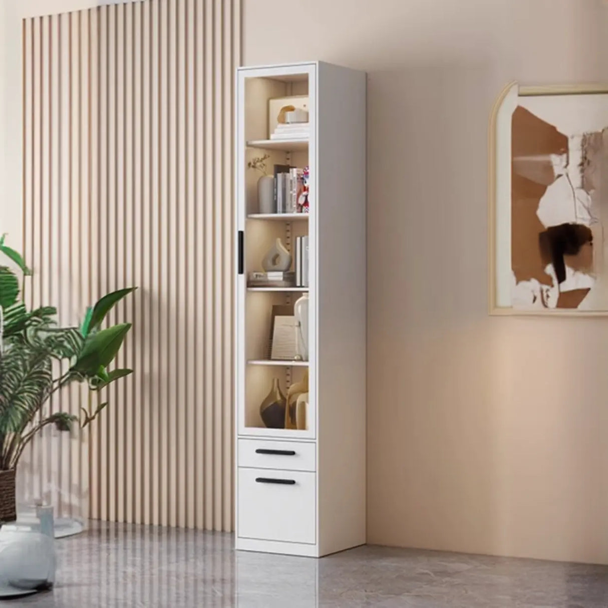 Stylish White Rectangular Glass Door Narrow Bookcase Image - 5