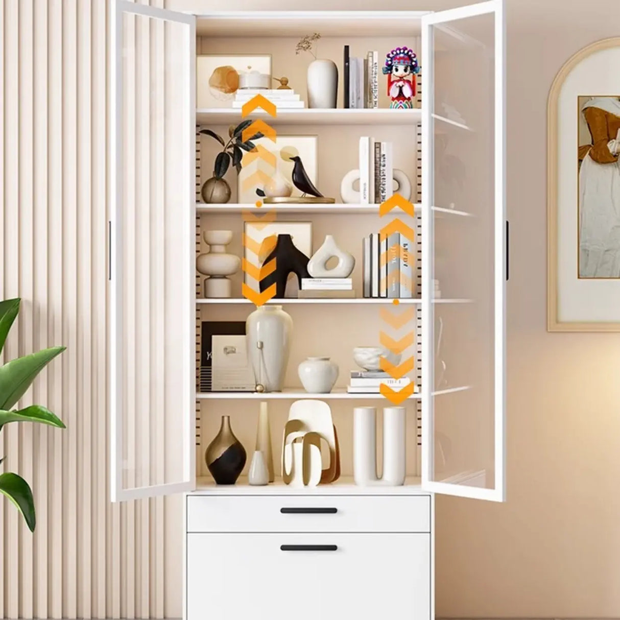 Stylish White Rectangular Glass Door Narrow Bookcase Image - 6