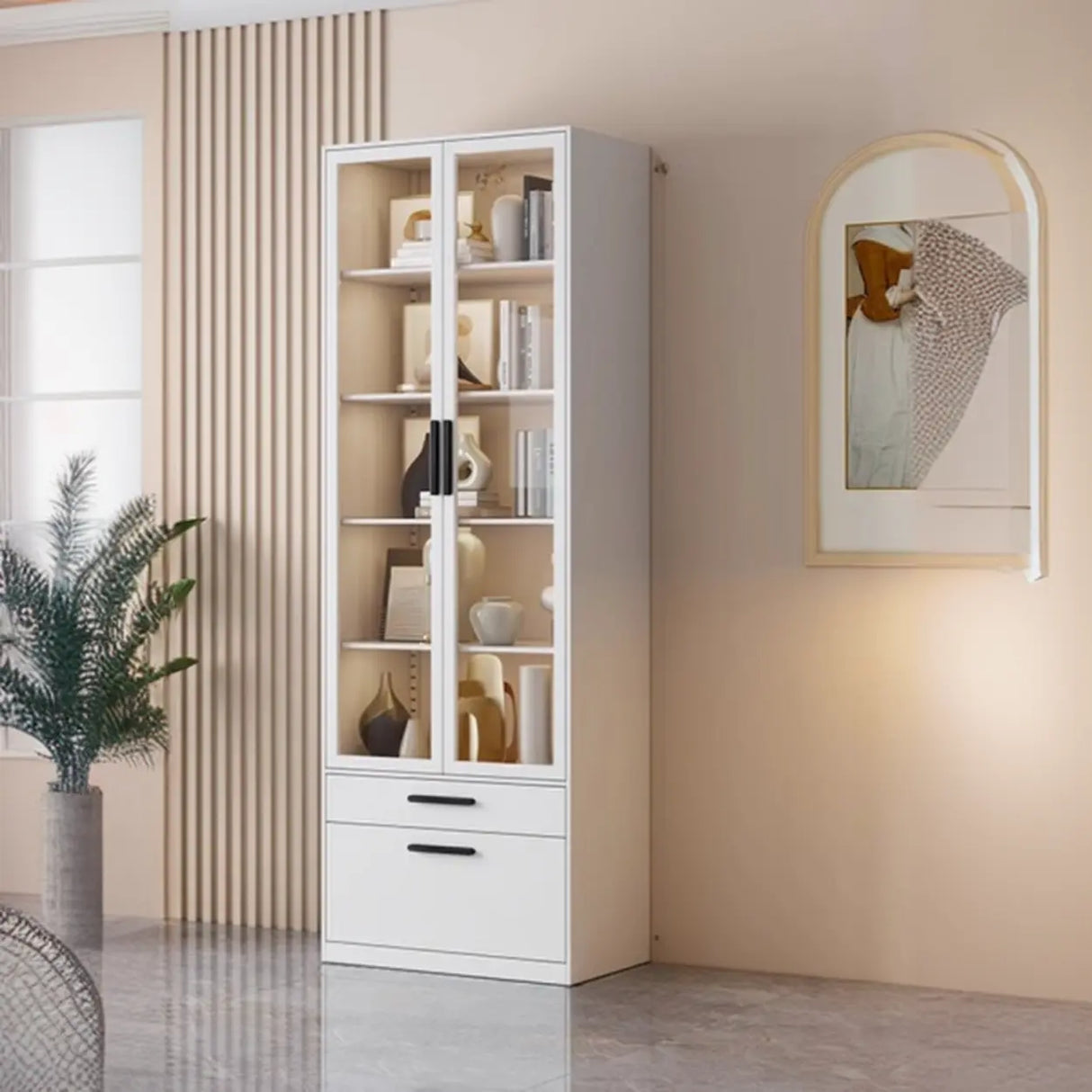 Stylish White Rectangular Glass Door Narrow Bookcase Image - 7