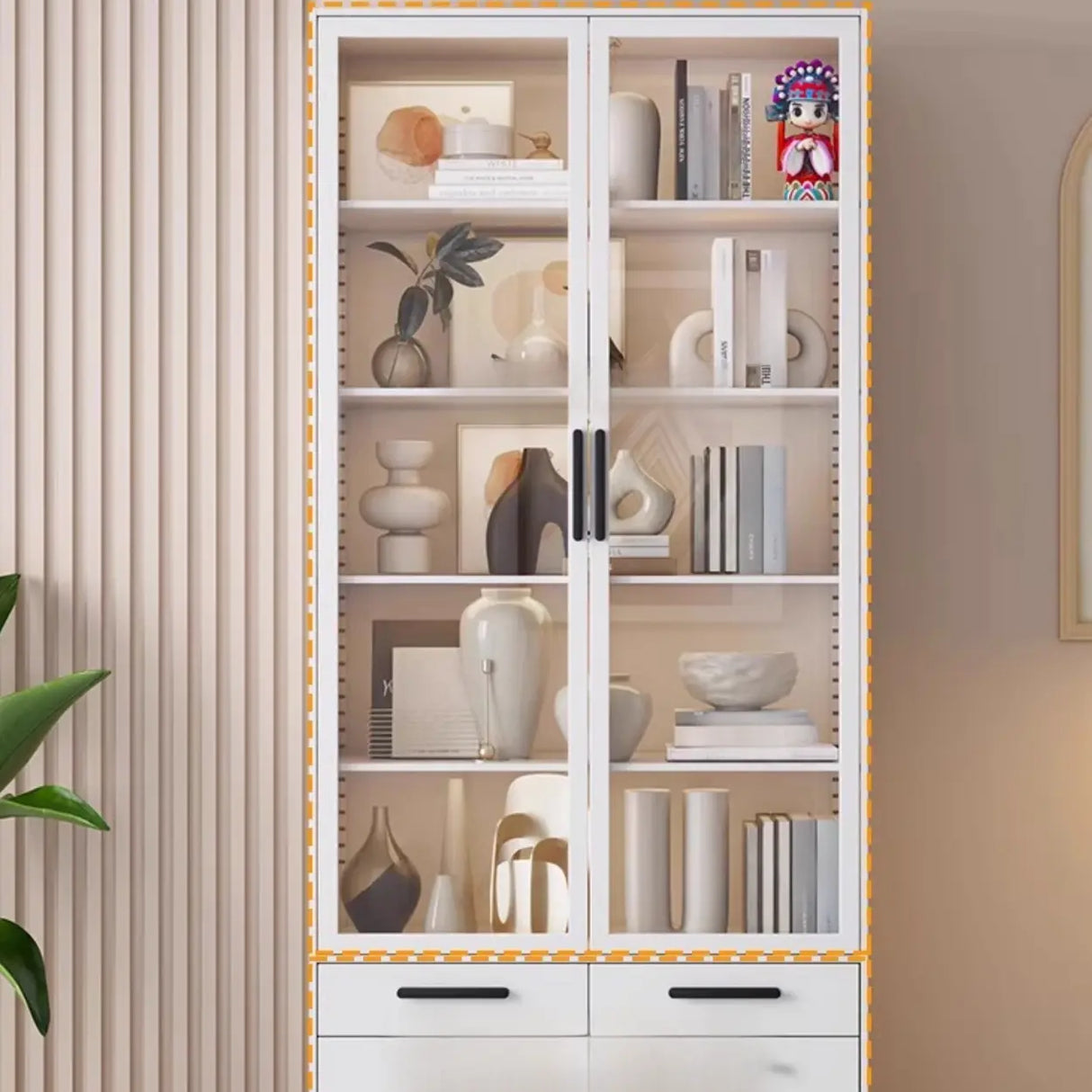 Stylish White Rectangular Glass Door Narrow Bookcase Image - 8