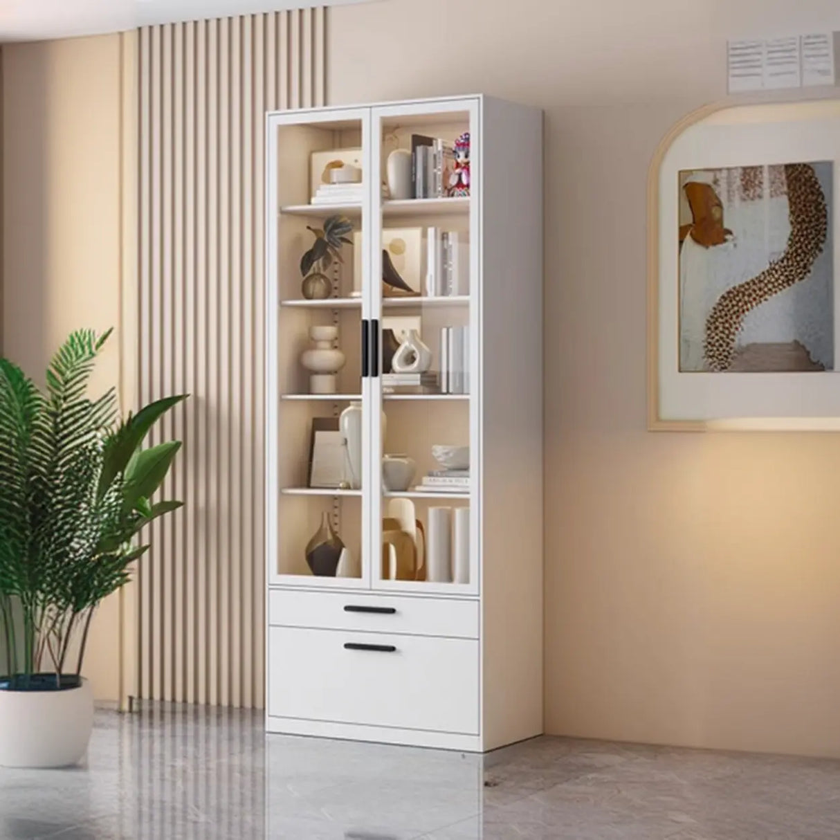 Stylish White Rectangular Glass Door Narrow Bookcase Image - 9