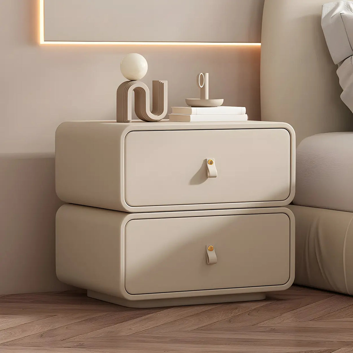 Stylish Wood Off-White Modern Two-Drawer Nightstand Image - 16
