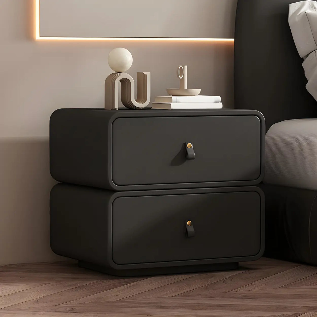 Stylish Wood Off-White Modern Two-Drawer Nightstand Image - 19