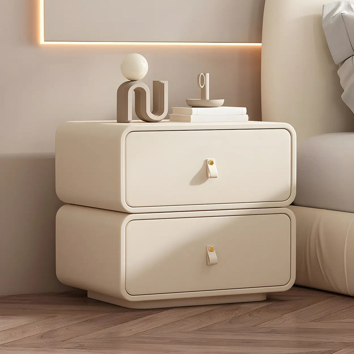 Stylish Wood Off-White Modern Two-Drawer Nightstand Image - 2