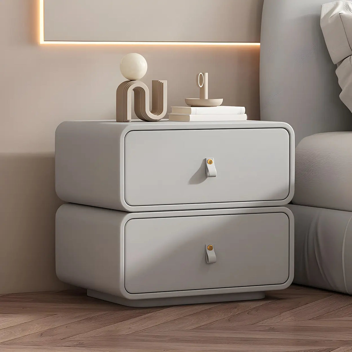 Stylish Wood Off-White Modern Two-Drawer Nightstand Image - 4