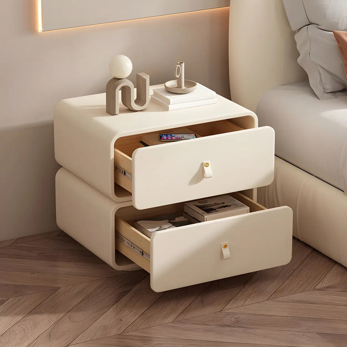 Stylish Wood Off-White Modern Two-Drawer Nightstand Image - 5