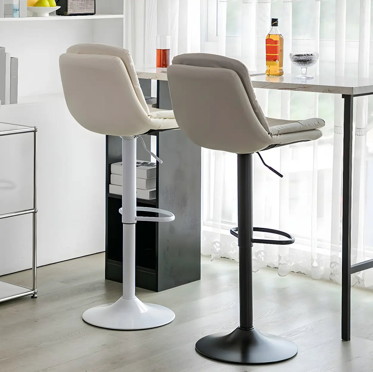 Swivel Beige Faux Leather Bucket Adjustable Bar Stool Image - 4