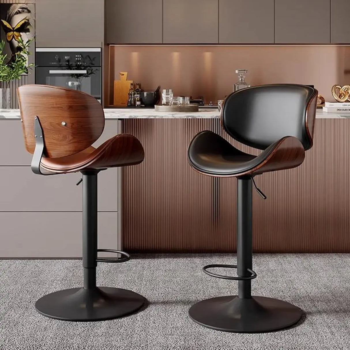 Swivel Bucket Leather Low Back Bar Stool with Footrest Image - 1