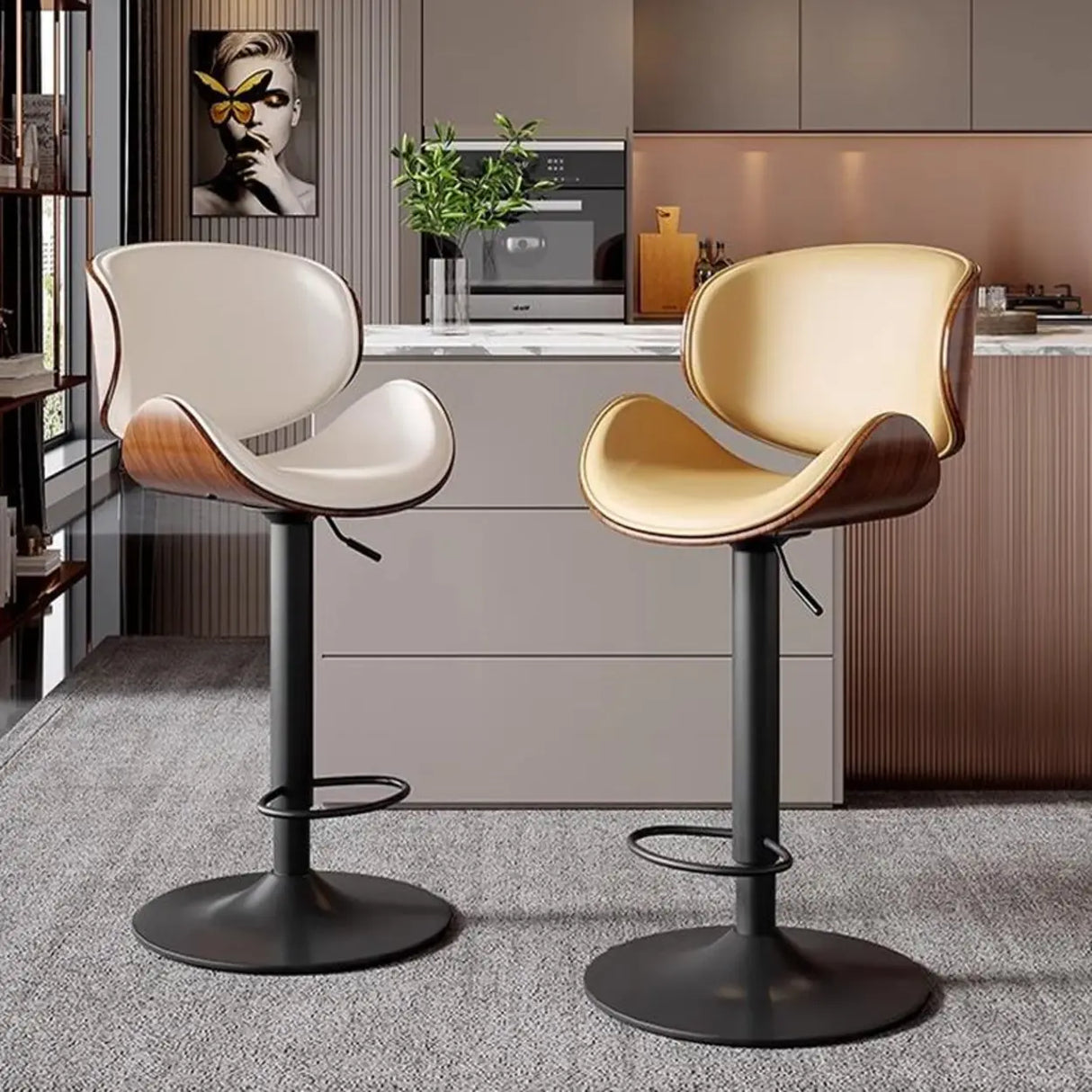 Swivel Bucket Leather Low Back Bar Stool with Footrest Image - 4