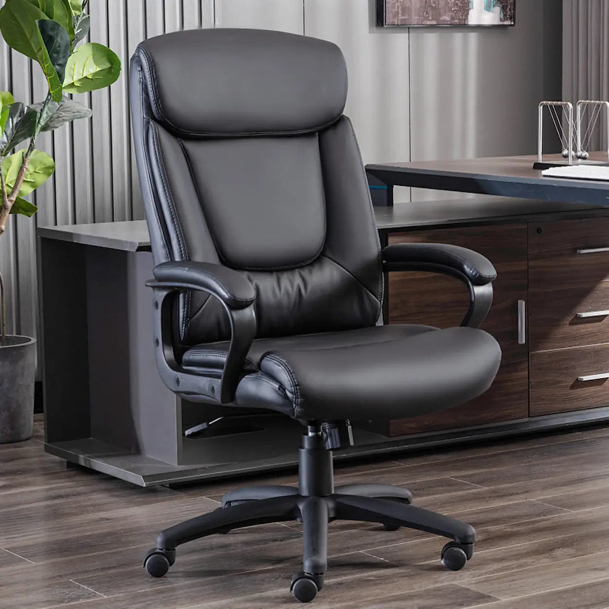 Swivel Executive Leather Upholstery Black Office Chair Image - 1