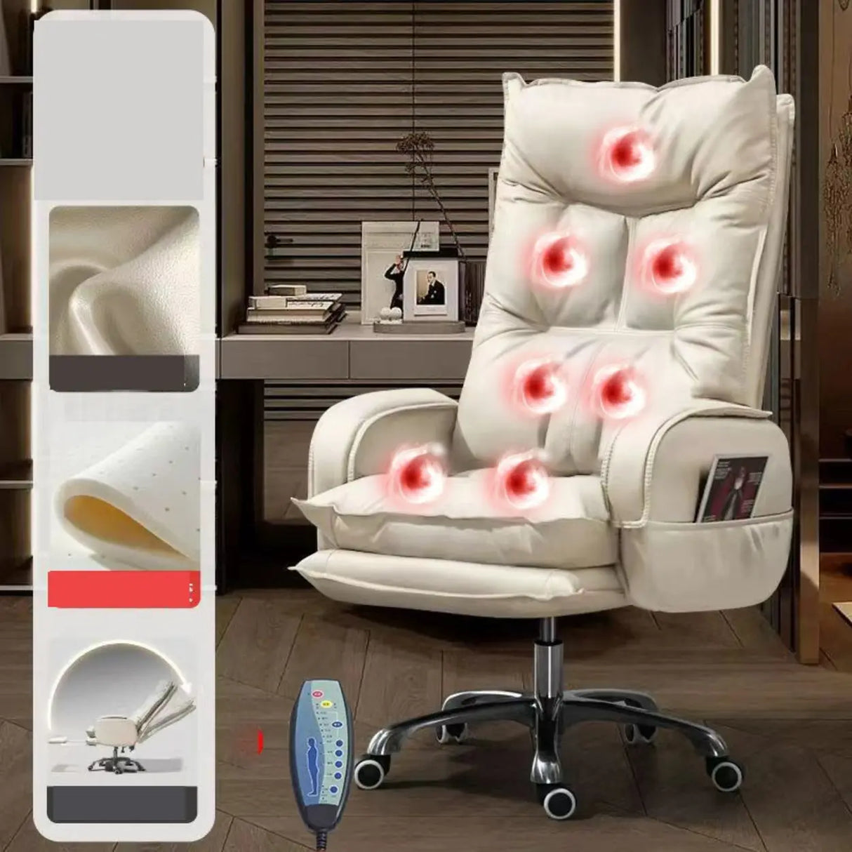 Swivel Fixed Arms Ergonomic Recliner Leather Office Chair Image - 13