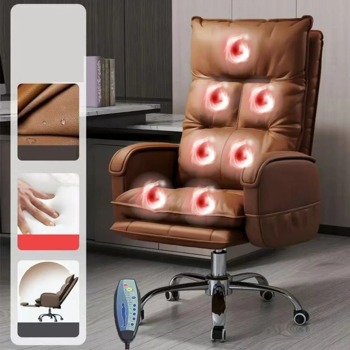 Swivel Fixed Arms Ergonomic Recliner Leather Office Chair Image - 15